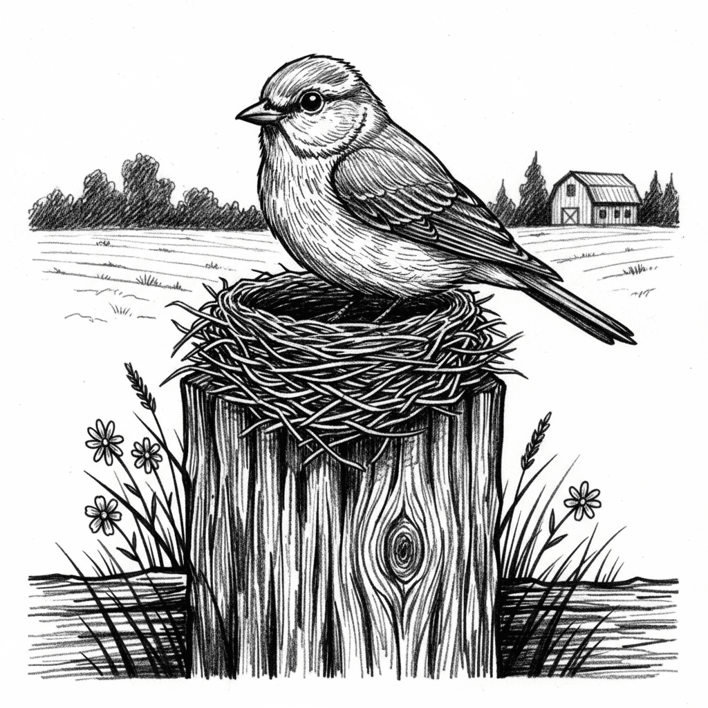 A calm Eastern Bluebird, a classic symbol of American country life, rests gently on a wooden fence post beside its normally sized nest. The illustration should be entirely in black and white, drawn with soft, clean linework that avoids solid black areas or heavy shadows. The bird’s feathers are rendered with delicate strokes, giving a light and natural texture without dark contrast. Its nest is normal in size, crafted from thin twigs and grasses, illustrated with airy, controlled lines that keep the composition bright and engraving-friendly. Around the post, small wildflowers, light grasses, and subtle details of weathered wood create a peaceful rural atmosphere. In the distance, faint fields, soft tree lines, or the silhouette of a barn add gentle country depth without overpowering the scene. The visual impression should be warm, inviting, and striking, capturing a perfect moment of American country life with a beautifully detailed bird and its naturally sized nest.