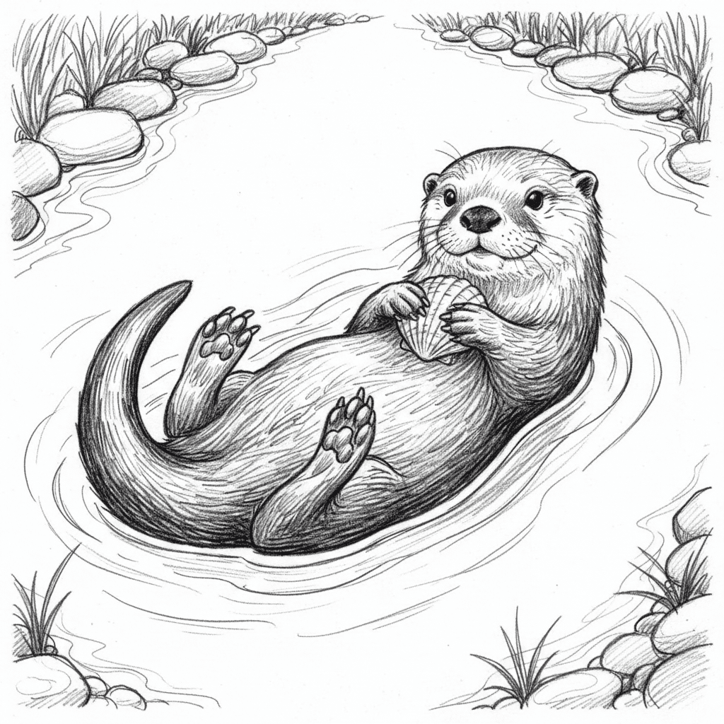 A playful black and white pencil sketch of a river otter floating on its back in calm water, body relaxed in natural S-curve with webbed paws breaking water surface. The otter cradles a fish or shell on its belly with small hands, face showing contentment and intelligence. Sleek wet fur rendered with flowing cross-hatching creating glossy texture. Gentle ripples radiate outward in concentric circles with delicate line work. Background features river banks with overhanging vegetation and smooth stones arranged organically. Soft lighting and subtle gradations create peaceful atmosphere, capturing the joyful playfulness and aquatic elegance of nature's most charming swimmer in moment of simple pleasure and clever resourcefulness.
