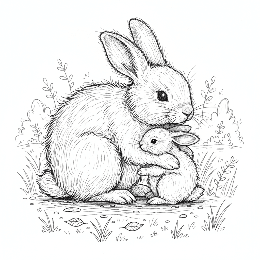 A fluffy mother rabbit sits in a cozy natural setting, gently curling her body around her equally fluffy baby rabbit. Both rabbits have richly textured fur, drawn with soft, detailed linework that avoids any solid black areas. The mother’s fur should appear especially voluminous, with light, airy strands that keep the image bright and engraving-friendly. The baby rabbit presses close to her, its tiny features illustrated with delicate strokes that emphasize softness rather than deep shading. Around them, the ground is covered with light grasses, small leaves, and scattered forest textures rendered with thin, even lines. The background includes subtle woodland elements such as bushes, small branches, and distant trees, all drawn without harsh contrast. Overall, the scene feels peaceful, natural, and full of gentle detail, showcasing the fluffy warmth and tenderness of a mother rabbit caring for her baby.
