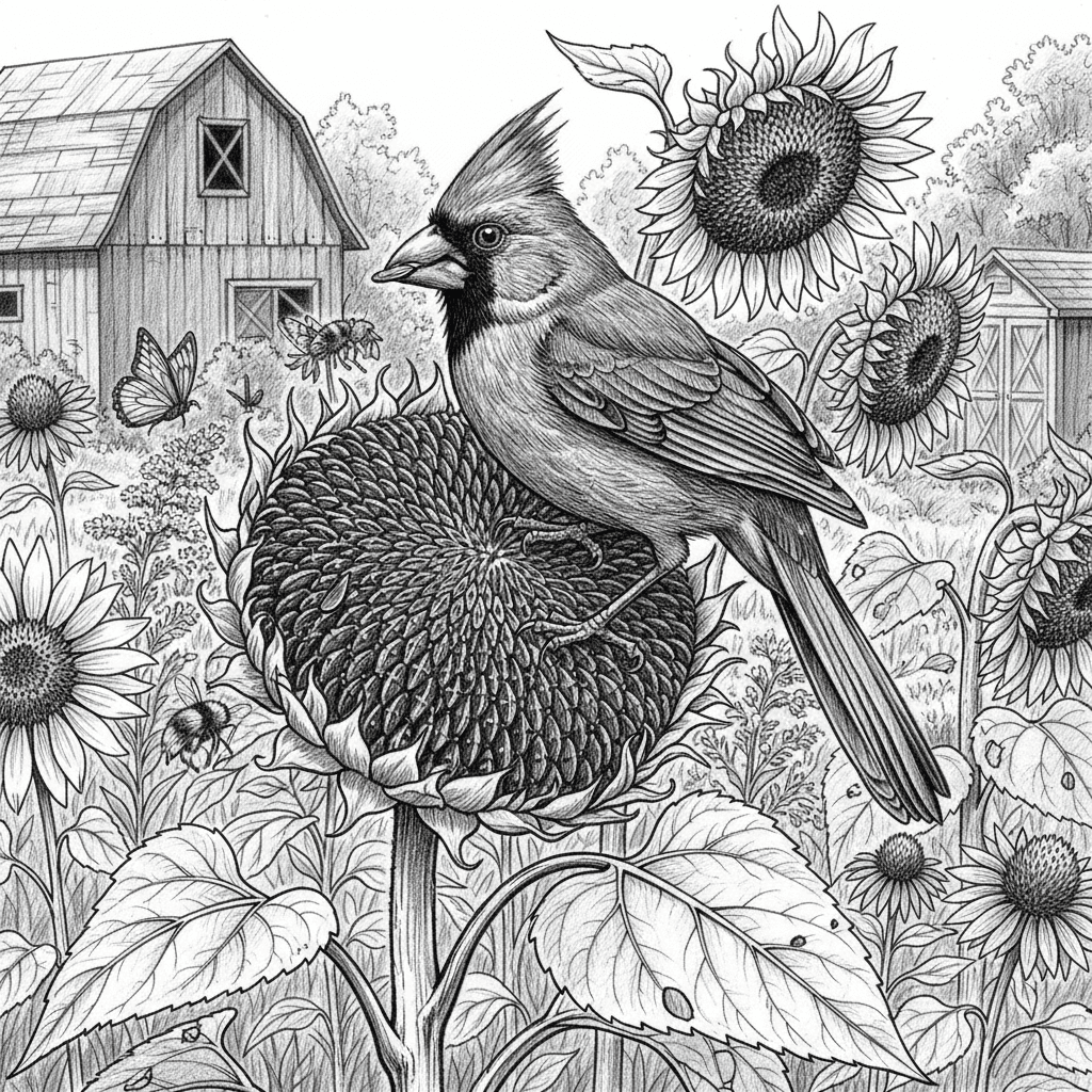 A vibrant pencil composition of a male Northern Cardinal among mature sunflowers in late summer, executed with botanical richness on white background using graphite. Position the cardinal perched on a massive sunflower head that's gone to seed, actively feeding on the nutritious seeds, with the bird rendered in rich dark values suggesting its brilliant red plumage contrasting beautifully with the lighter values of the dried flower head. The cardinal should be shown in an active pose - perhaps pulling a seed free with its powerful beak, with detailed attention to the bird's foot placement on the flower head showing how its toes grip the uneven surface. Render every feather with precision including the raised crest showing alertness while feeding, wing feathers showing their layered structure as one wing is slightly extended for balance, and tail feathers fanned for stability. The sunflower head should be drawn with incredible detail showing the geometric spiral pattern of seeds (Fibonacci sequence), individual seeds in various stages - some still firmly embedded, others loose and ready to harvest, empty seed cavities where birds have already fed, and the texture of the receptacle holding the seeds. The dried disk florets should show their characteristic pattern and texture. Include the thick, sturdy sunflower stalk with realistic texture showing fine hairs (trichomes), prominent leaf scars where lower leaves have dropped, and proper botanical proportion. Draw several large sunflower leaves with their characteristic heart shape, prominent veination with parallel tertiary veins, serrated edges, and textured surface showing both upper and lower leaf surfaces on different specimens. Some leaves should show natural damage from insects or weather creating authentic character. Add multiple sunflower heads in the composition - some still in bloom with detailed ray florets (petals) showing their characteristic shape and overlapping pattern, others in various stages of maturity, and some bowed with seed weight. Include other late summer elements like goldenrod with its distinctive flower clusters, purple coneflowers with their raised seed cones, and perhaps butterflies or bees visiting flowers. The background should suggest a sunny garden with soft focus depth, perhaps a weathered barn or garden shed, and warm late afternoon lighting suggested through value contrast and highlight placement. This abundant harvest scene should celebrate the cardinal's role in the garden ecosystem through masterful natural history illustration combining ornithological and botanical accuracy.