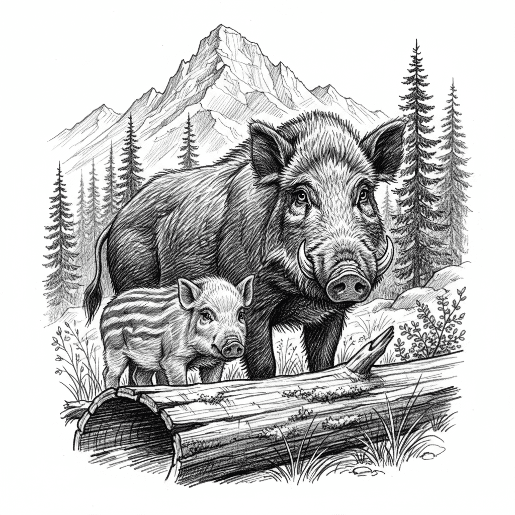 A powerful and detailed pencil drawing of a wild boar family with parent and young piglet in their natural mountain habitat, executed on pure white paper with graphite. Render the adult boar with impressive realism, showing its thick bristly coat through dense hatching and varied pencil strokes, the texture and power in its muscular build, and characteristic tusks with careful highlights. The piglet should be drawn with softer features and distinct striped pattern typical of young wild boar, showing curiosity and innocence. Both animals' eyes should be rendered with depth and intelligence. Include a weathered fallen log in the foreground with detailed wood grain, cracks, and moss texture. The background should feature a majestic mountain peak rendered with precise geological detail, towering evergreen trees with individual needle definition, and forest understory with grass tufts and small plants. Use atmospheric perspective to create depth, with sharper detail in foreground elements and softer rendering in distant features. Apply the full tonal range from deep blacks to pure whites to create dimensional forms and dramatic presence worthy of wildlife art collection