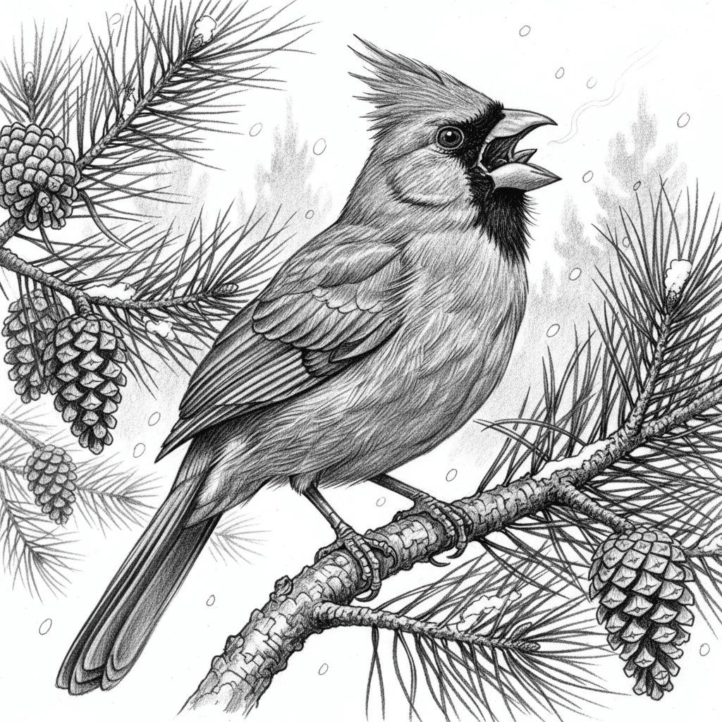 A majestic pencil illustration of a male Northern Cardinal singing from an evergreen perch, rendered with winter beauty on pure white paper using graphite. Capture the cardinal in mid-song with beak open showing the inside of the mouth and tongue detail, throat feathers slightly ruffled from the effort of singing, and body posture conveying the physical act of producing sound. The bird's crest should be fully raised in excitement, with each feather perfectly detailed. Render the cardinal's plumage with exceptional attention to feather structure - show how contour feathers overlap in organized rows, the subtle texture differences between body feathers and flight feathers, the way light catches feather edges creating fine highlights, and use rich, dark values throughout to suggest the male's brilliant crimson coloring. Position the cardinal on a branch of Eastern White Pine or Douglas Fir with needles rendered in meticulous detail - show the characteristic needle bundles (fascicles) with individual needles visible, the way needles attach to the branch, subtle color variation in needles through value control, and perhaps some brown needles mixed among green suggesting natural aging. Include several pinecones at various stages - some closed and compact showing individual scale patterns with geometric precision, others open with scales spreading to release seeds, and the woody texture with resin deposits suggested through careful shading. The pine branch should show realistic bark texture with the characteristic pattern of conifer bark, and the structural branching pattern authentic to the species. Add frost or light snow dusting the needles and cone scales with delicate white spaces and soft highlights. Include a soft winter background with other pine branches in atmospheric perspective, perhaps a hint of winter sky through the branches, and falling snow suggested through careful white space management. Add small details like the cardinal's feet gripping the branch showing scale texture and sharp claws, and perhaps its breath visible in cold air. This scene should capture the joy of a cardinal's territorial song brightening a winter day through expert natural history illustration.