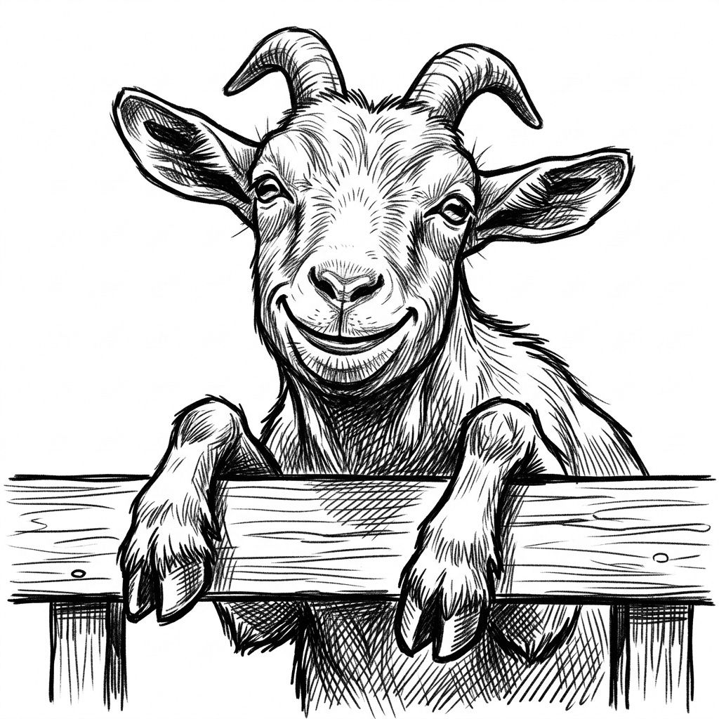 a happy goat centered leaning over a fence, big smile, hooves gripping fence, minimal clean composition, black and white vector, bold contour, no gradients, smooth curves