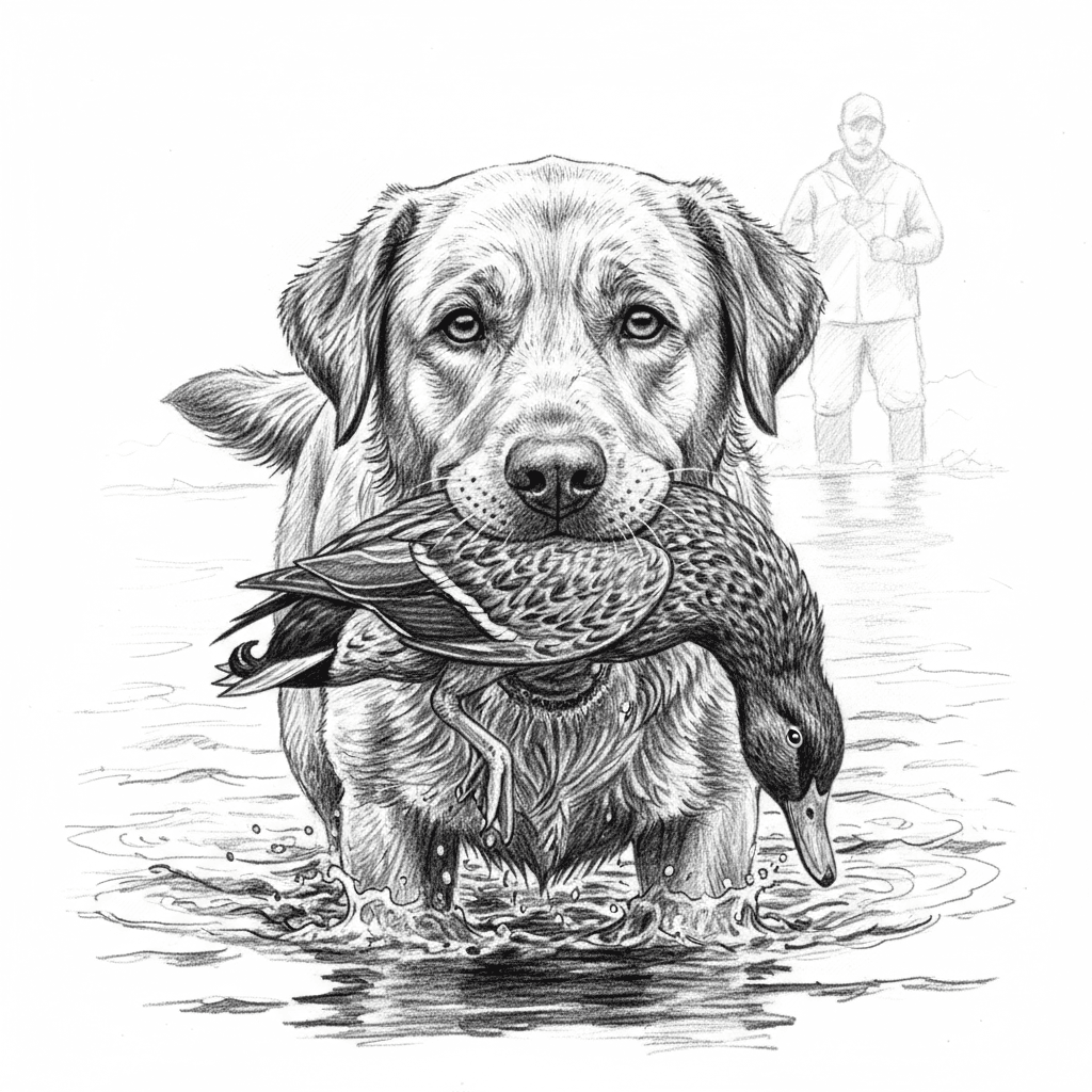 An emotionally engaging pencil portrait of a hunting dog (Labrador Retriever) carrying a retrieved bird in its mouth, wading through shallow water. Execute this drawing on white background using graphite pencils with museum-quality technical precision. The dog's expression should convey intelligence and loyalty, with eyes rendered in photorealistic detail showing depth and soul. Include a hunter figure softly suggested in the background, drawn with lighter values to maintain focus on the dog. Capture every aspect of the dog's wet coat with masterful tonal variation and texture, showing how water clings to and darkens the fur. The retrieved game bird should be carefully detailed showing authentic plumage patterns. Create rippling water effects around the dog's legs using varied pencil strokes and reflections. The composition should balance action with dignity, suitable for elegant display in a home or office.
