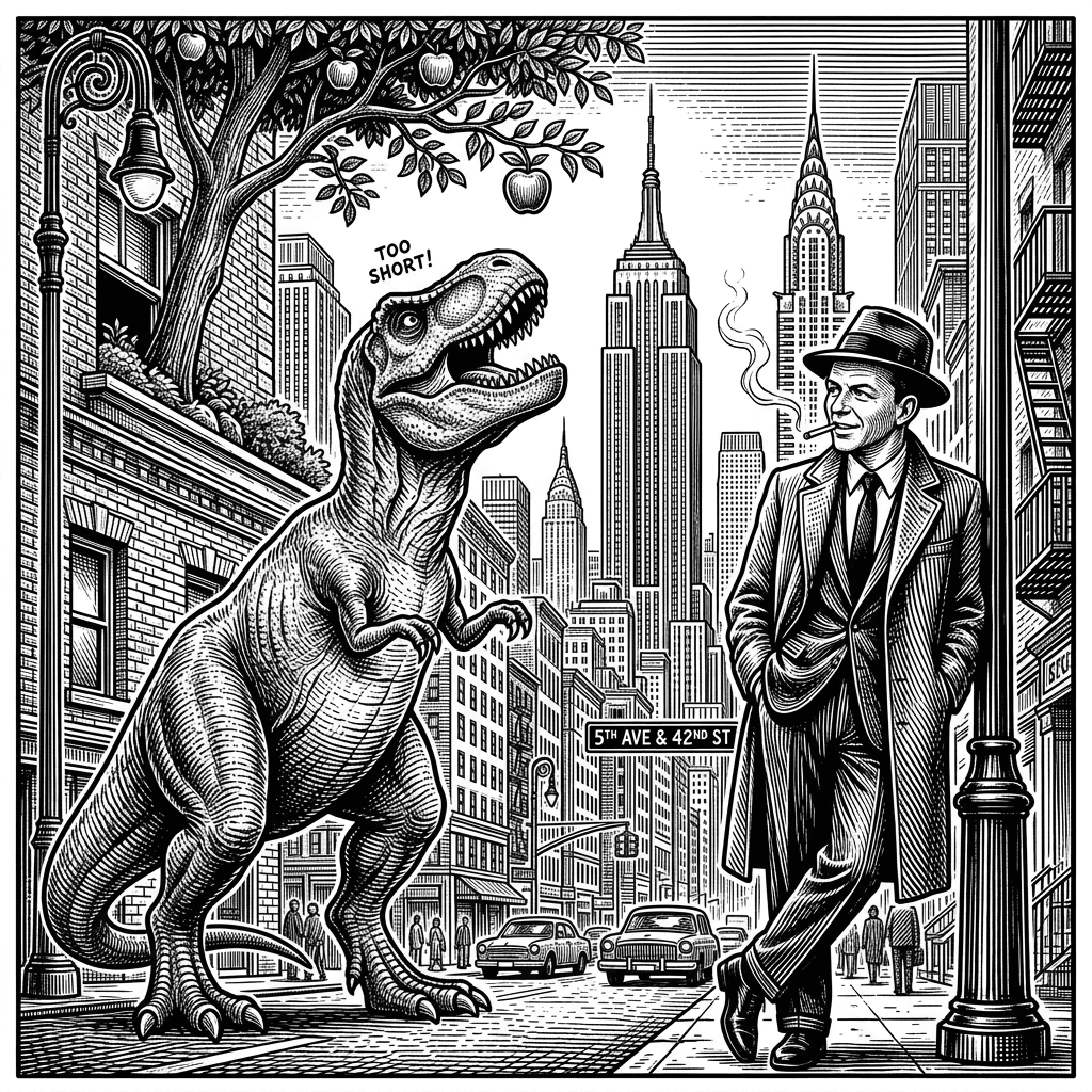 t-rex in New York city trying to pick an apple but his arms aren't big enough with frank Sinatra smoking a cigarette looking at him
