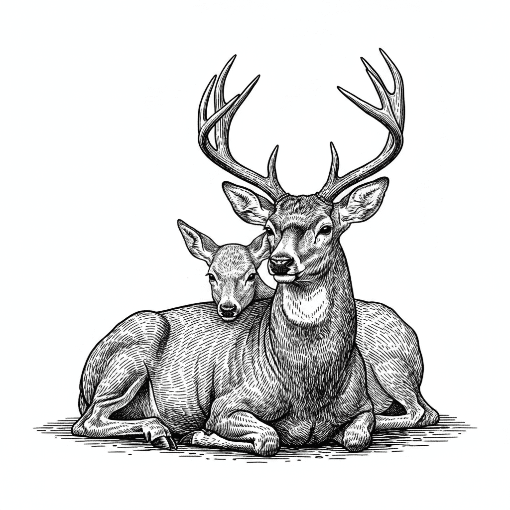 Image of a buck and doe laying down and the doe leaning on the buck