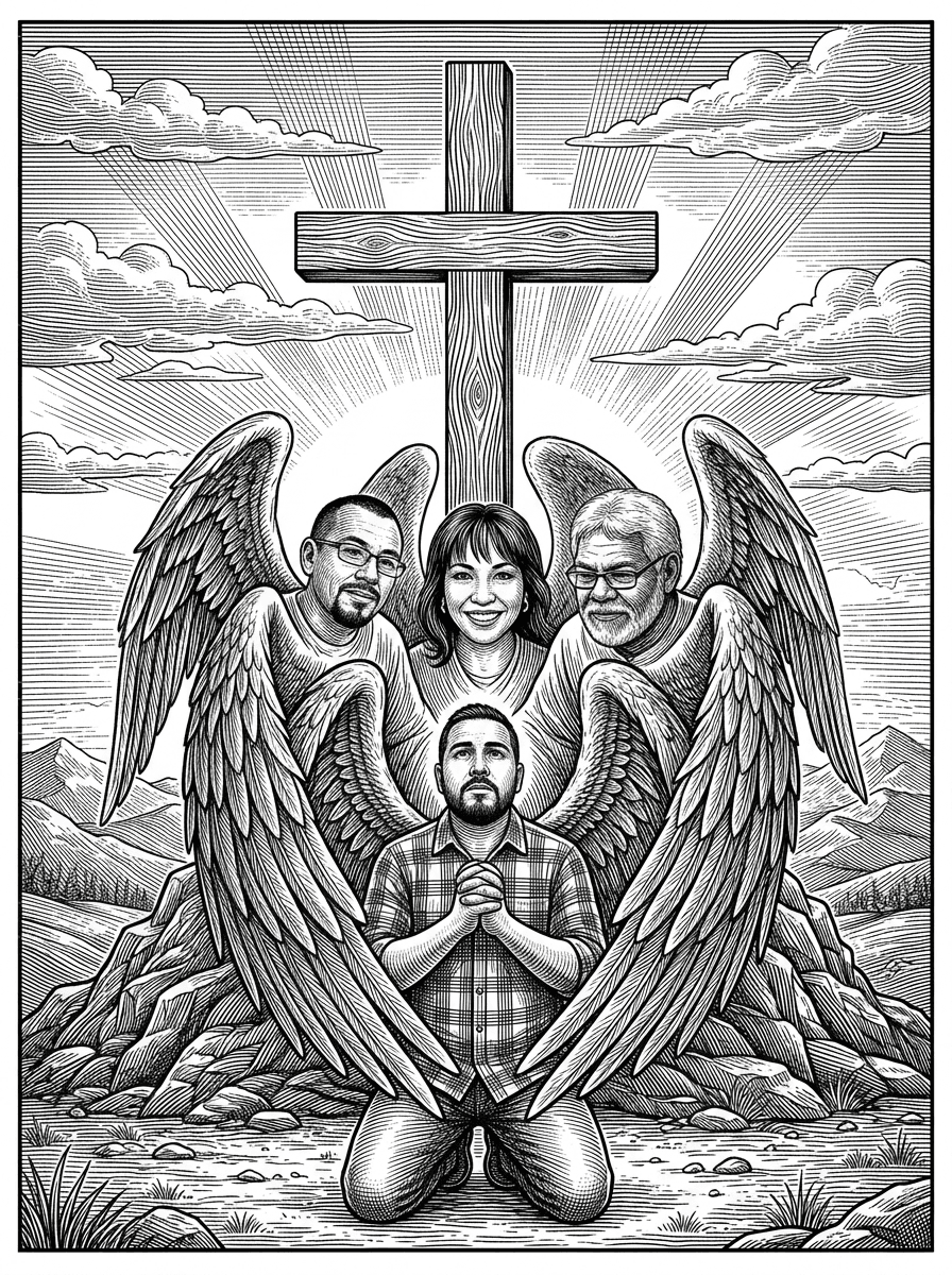 make this image realistic with the guy in front of the cross kneeling down praying without the sunglasses and the three images make them as angles protecting him with their wing surrounding him. keep all fascial realistic. make this image with ultra fine detail