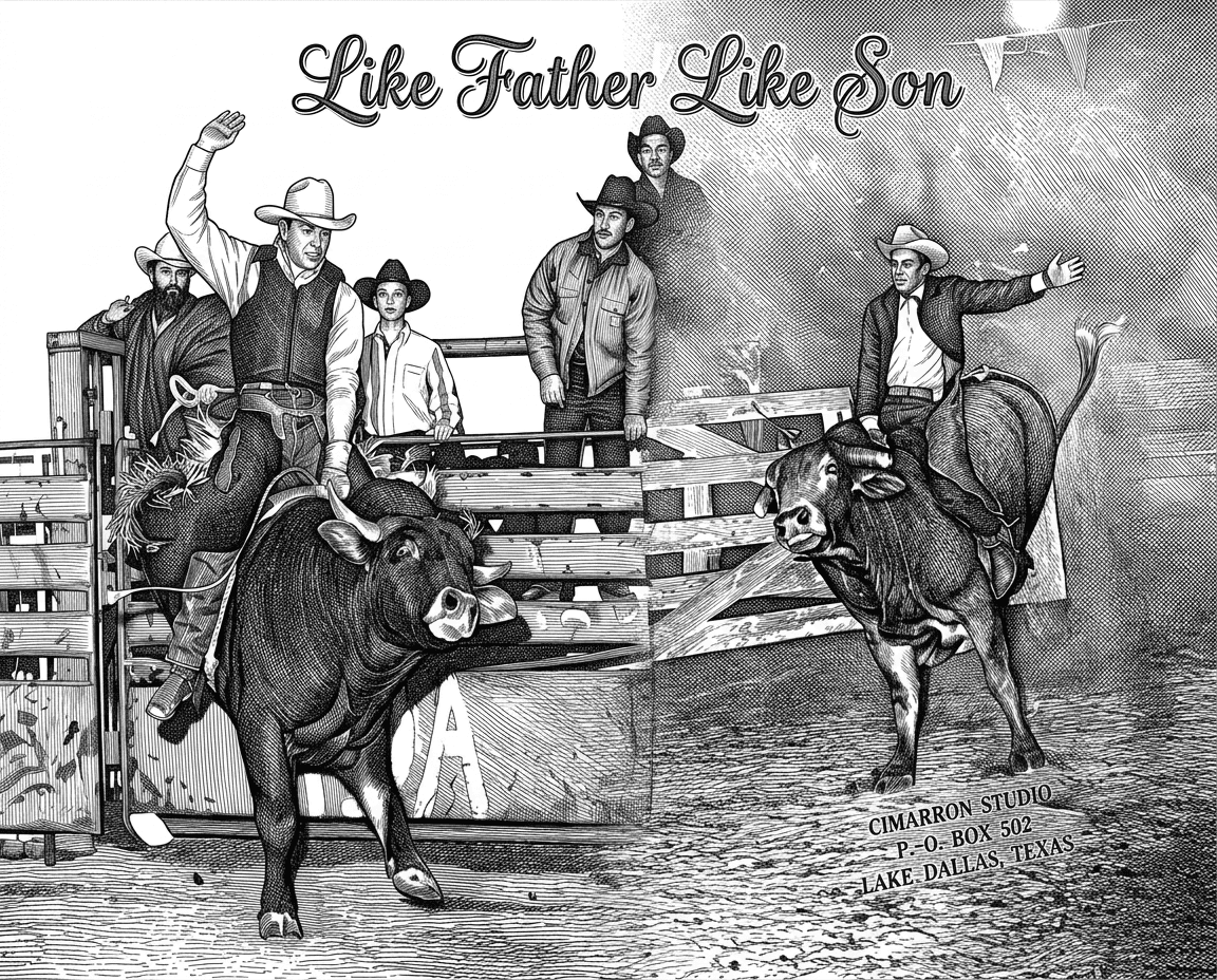 Make this image as one image with the backgrounds fading into each other. needs to have decretive words Like Father Like Son. This image needs to be in ultra fine detail.
