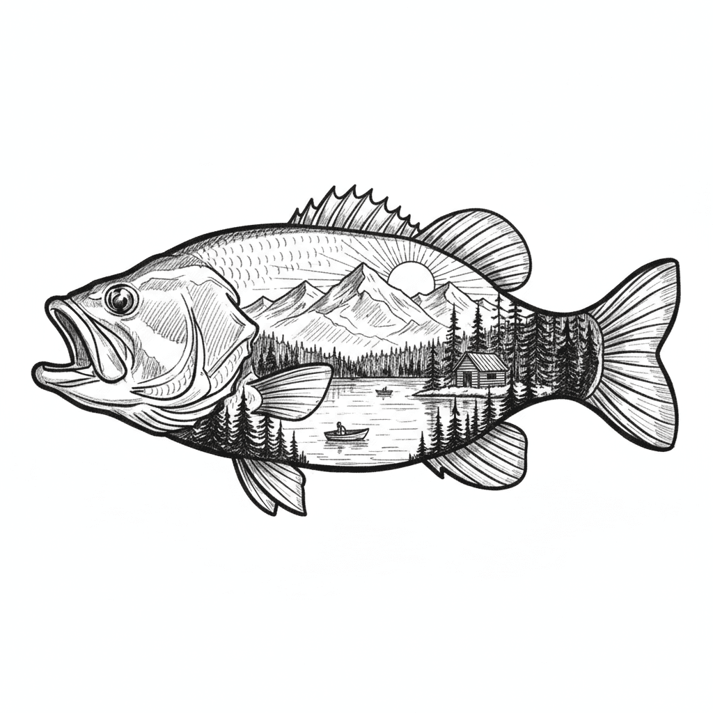 double exposure of a bass fish with new hampshire lakes and forests