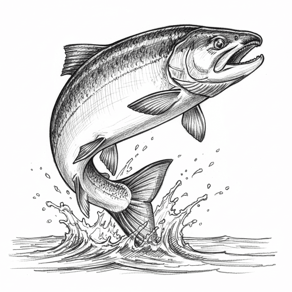 create a fish jumping out of a lake with its tail half submerged in the water