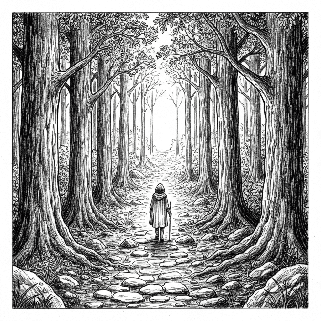 Make a black and white sketch of a forest with a forest path in the middle on which a lost person is walking, viewed from the back. This person is walking towards the horizon.