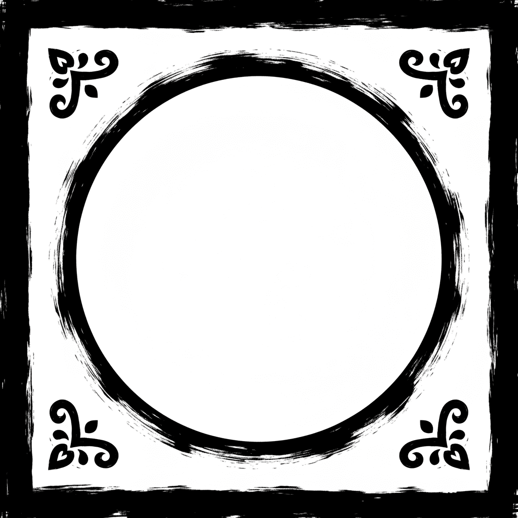 Create a simple border with a large white circle in the middle which nearly touches the upper, bottom, left and right side. Add a small vintage decoration to the corners without many details. Keep it simple!