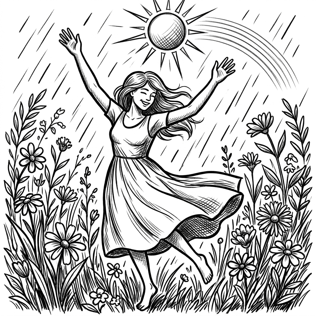 Create a image with a person who is happily dancing in the rain in a flower field. Add the sun and a light little rainbow to it. Keep some space in the top, so a text can be added.