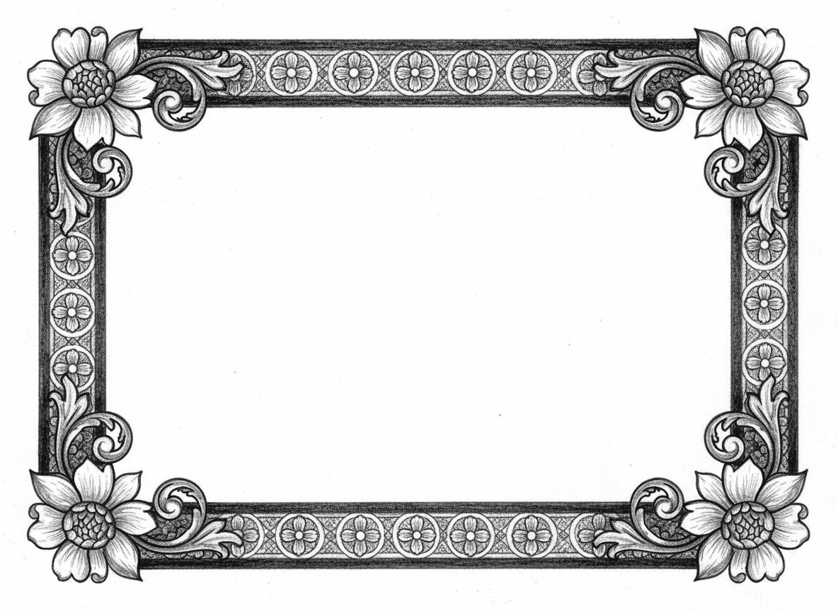 Create a retro style border in black and white with Some vintage floral decoration in the corners