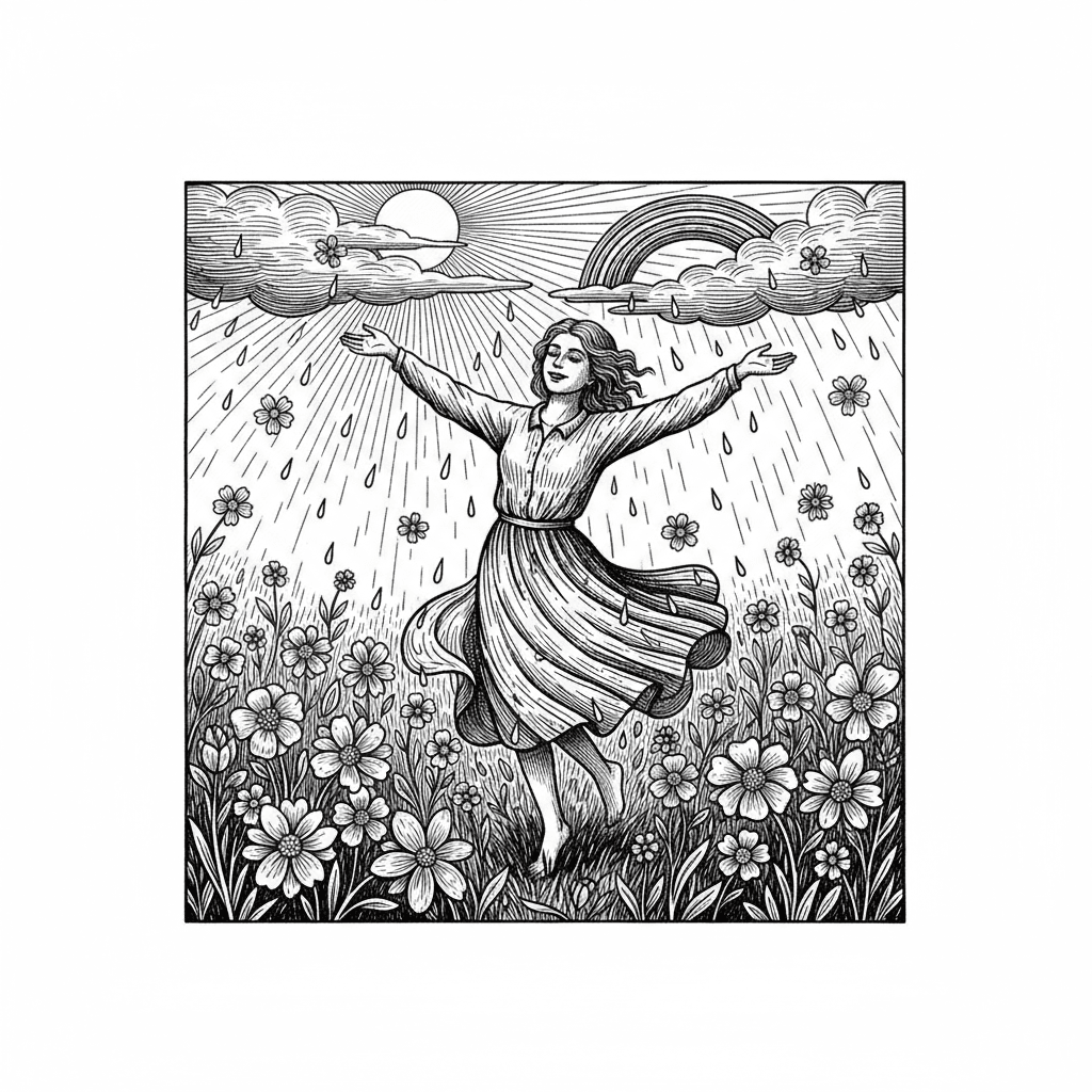 Create a image with a person who is happily dancing in the rain in a flower field. Add the sun and a little rainbow to it. Keep some space in the top, so a text can be added.