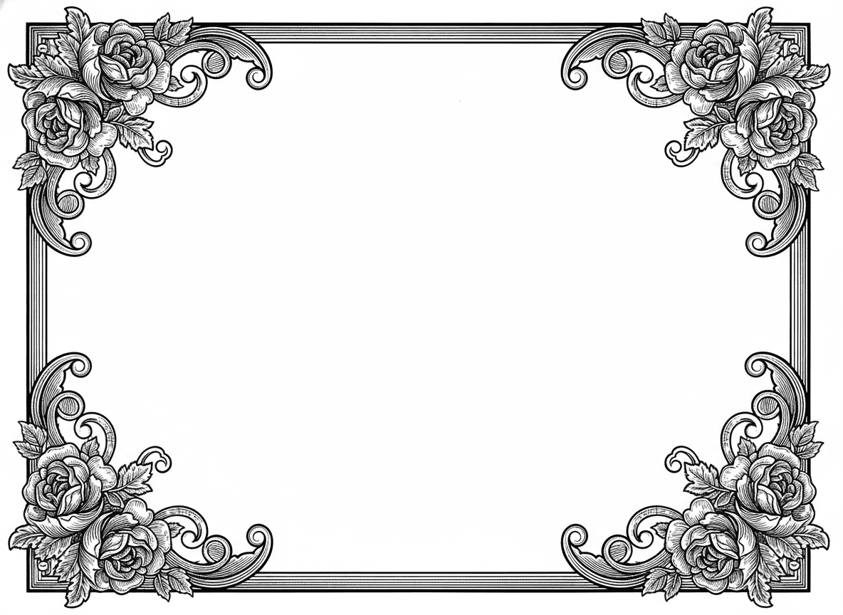 Create a retro style border in black and white with Some vintage floral decoration in the corners