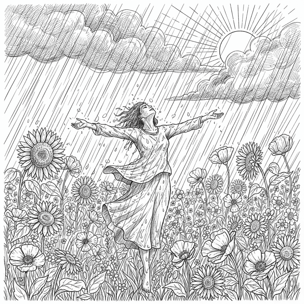 Create a image with a person who is happily dancing in the storm in a open flower field. Add the sun to it.