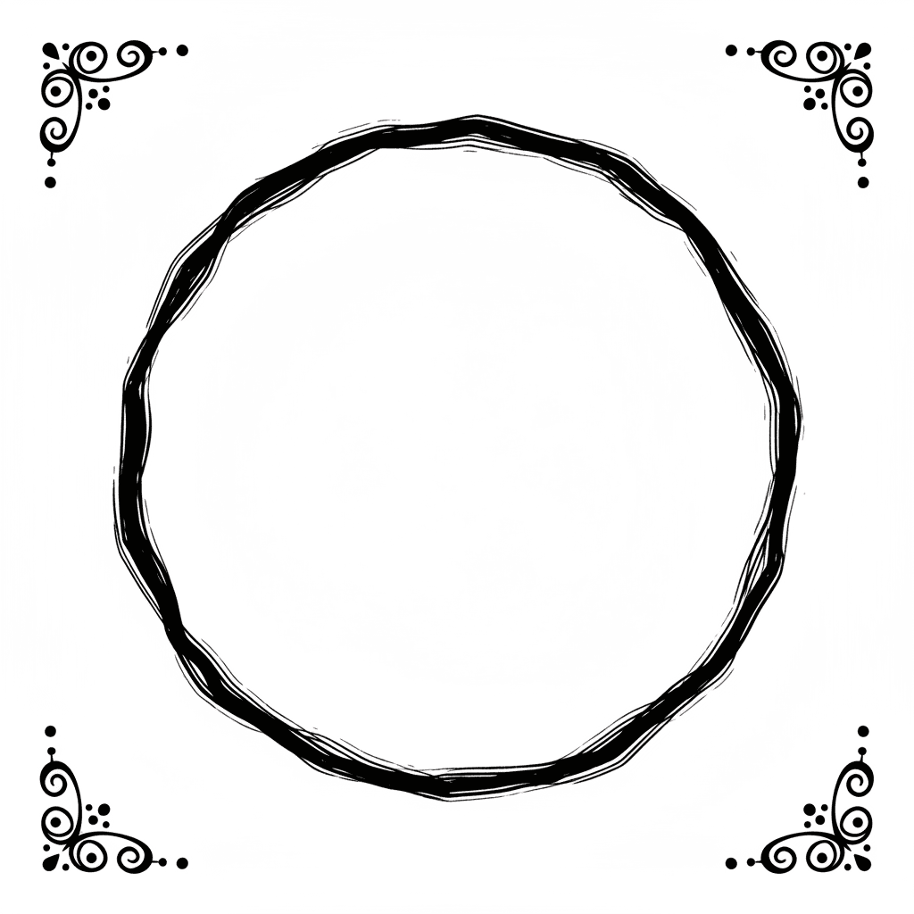 Create a simple border with a large white circle in the middle which nearly touches the upper, bottom, left and right side. Add a small vintage decoration to the corners without many details. Keep it simple!