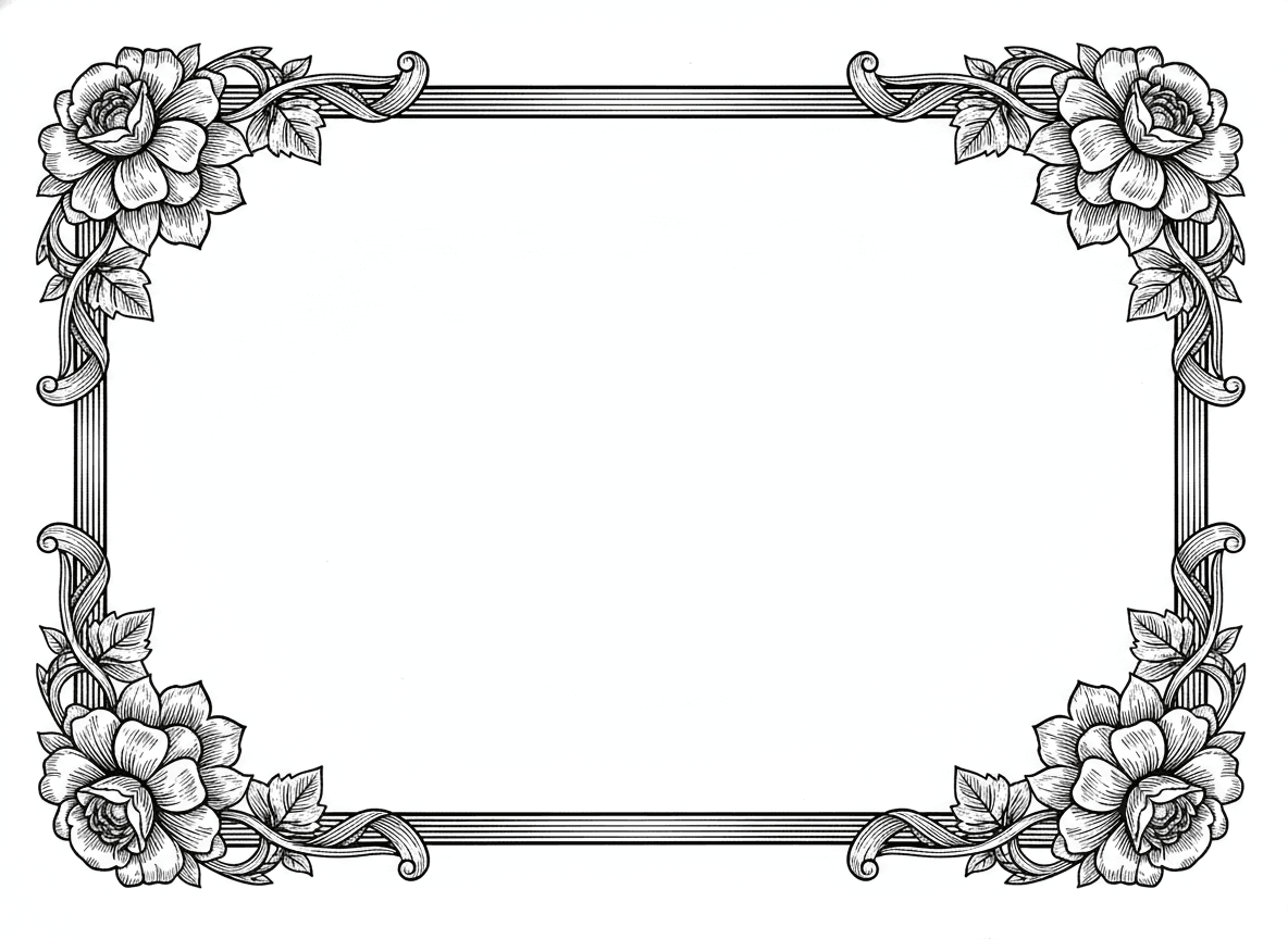 Create a retro style border in black and white with Some vintage floral decoration in the corners