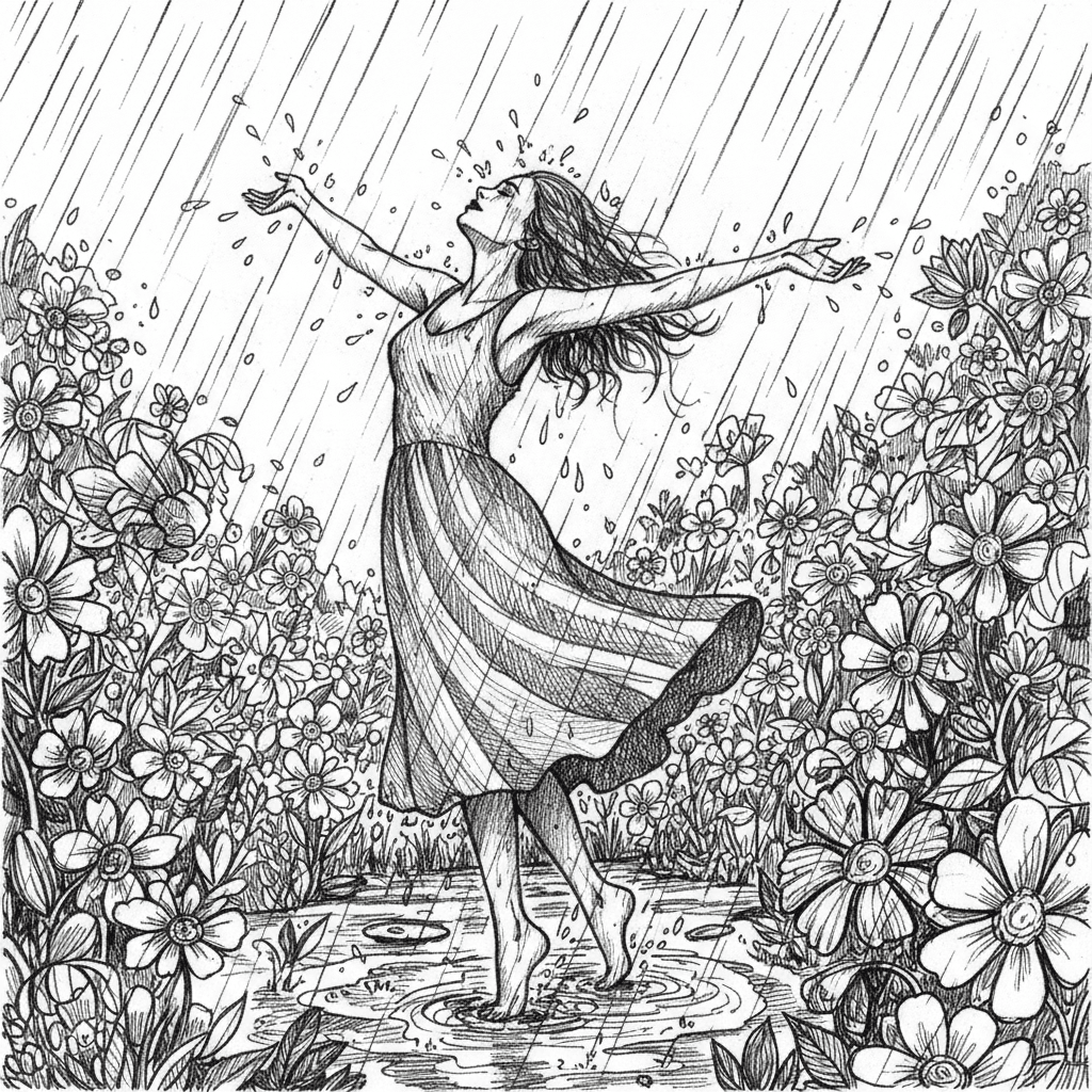 Create a image with a person who is happily dancing in the rain in a flower field