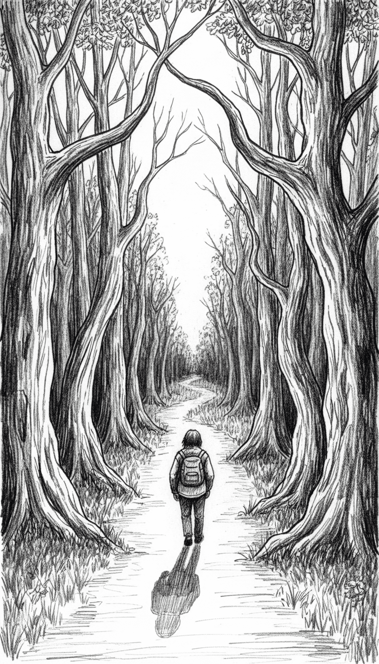 Make a black and white sketch of a forest with a forest path in the middle on which a lost person is walking, viewed from the back. This person is walking towards the horizon.