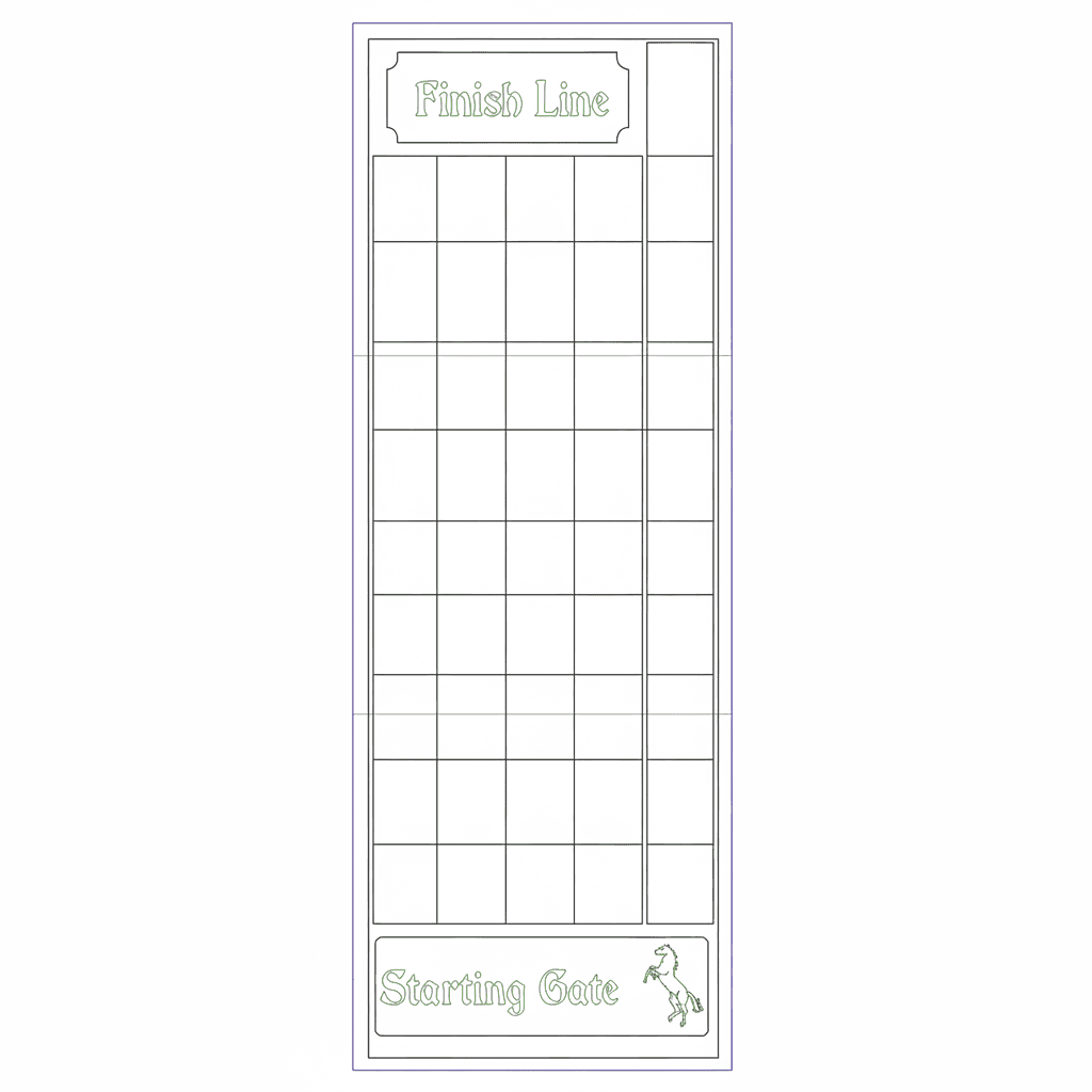 Convert the uploaded image into a clean, laser-ready vector SVG. Keep the exact layout and proportions. Use thin, uniform black stroke lines only. No fills, no shading, no grayscale. Straight lines must be perfectly straight and aligned. Corners square and crisp. Text (‘Finish Line’ and ‘Starting Gate’) converted to clean outline vector text, readable and evenly stroked. Remove background noise, texture, and scan artifacts. Final output optimized for laser engraving and light scoring.