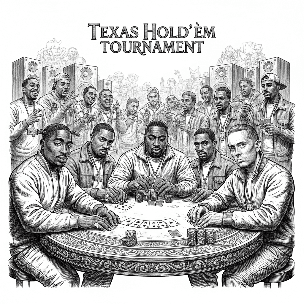 A cinematic black-and-white fine-art photograph of A Table with rappers 2pac, big L, Notorious BIG, Big Pun, DMX, Eminem, Dr. Dre, and Tech 9 playing cards positioned prominently in the foreground, captured in a close, dramatic composition with ultra-sharp detail and realistic texture. The subject is surrounded by patrons in a competitive Texas Holdom tournament card game , featuring intricate craftsmanship, natural wear, and authentic material depth. In the midground, laughing and getting alonog adds narrative context while remaining slightly softer in focus. The environment is a rap battle stage, with subtle atmospheric haze and minimal background distractions to preserve strong subject emphasis. Lighting is high-contrast and directional, creating deep shadows and bright highlights with a timeless editorial look. The overall mood is cinematic, historical, and museum-quality, with matte tonal depth, soft film grain, shallow depth of field, and an ultra-realistic monochrome photography aesthetic.