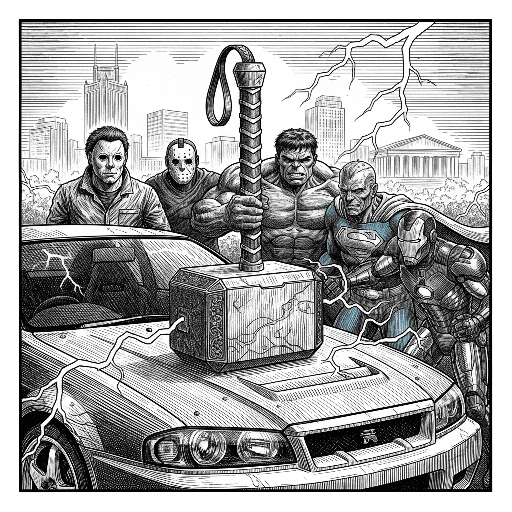 A cinematic black-and-white fine-art photograph of Thor's Hammer setting on the hood of a Nissan R34 dented hood with handle up positioned prominently in the foreground, captured in a close, dramatic composition with ultra-sharp detail and realistic texture. Michael Myers , incredible hulk , Jason forhees, superman, Iron Man, and freddy kruger moving torward the handle of the hammer slightly lifting it, featuring intricate craftsmanship, natural wear, and authentic material depth. In the midground, several lightning strikes around the car to indicate that the god of thunder may appear at anytime, adds narrative context while remaining slightly softer in focus. The environment is Nashville TN with subtle atmospheric haze and minimal background distractions to preserve strong subject emphasis. Lighting is high-contrast and directional, creating deep shadows and bright highlights with a timeless editorial look. The overall mood is cinematic, historical, and museum-quality, with matte tonal depth, soft film grain, shallow depth of field, and an ultra-realistic monochrome photography aesthetic.