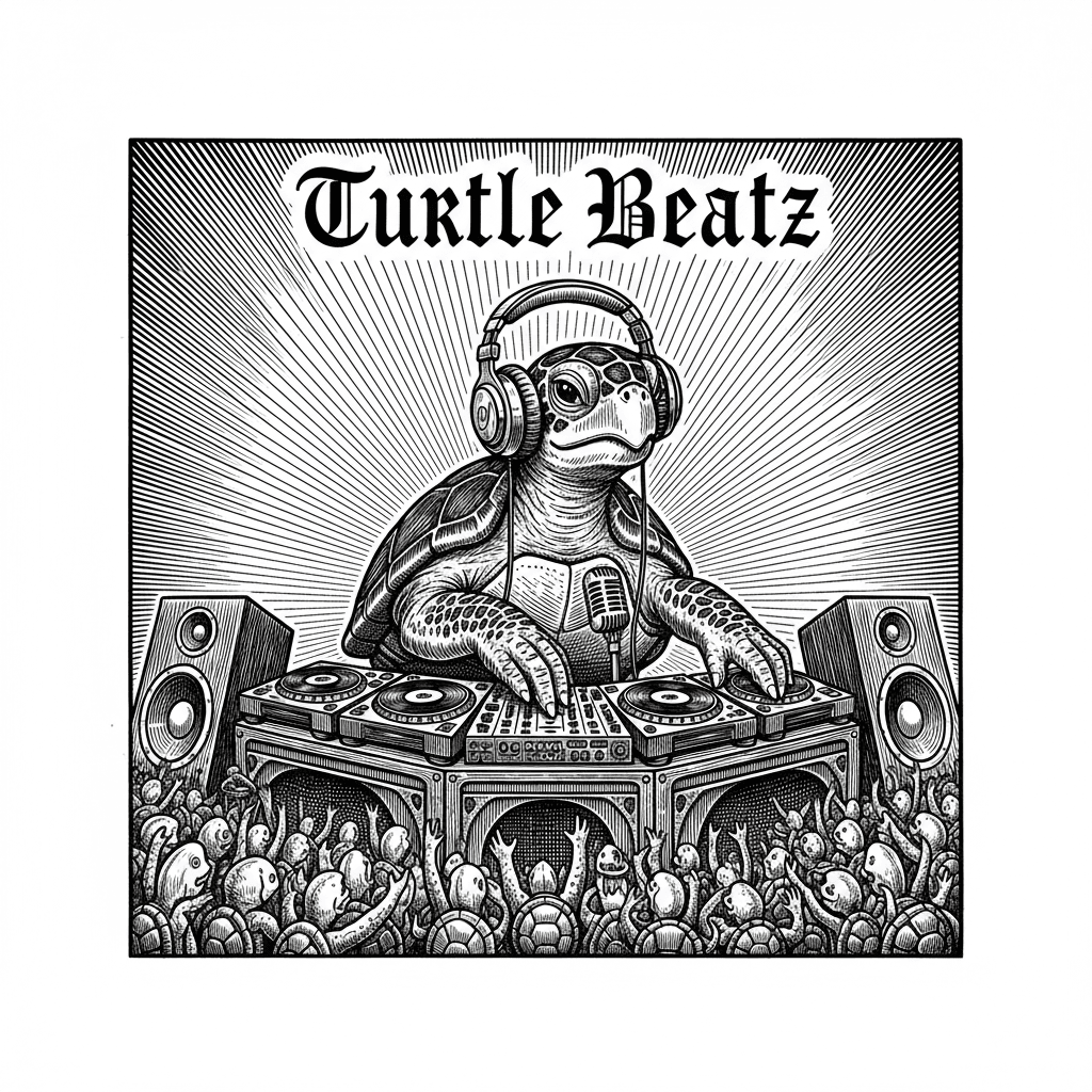 Make a turtle with headphones deejaying in a concert
