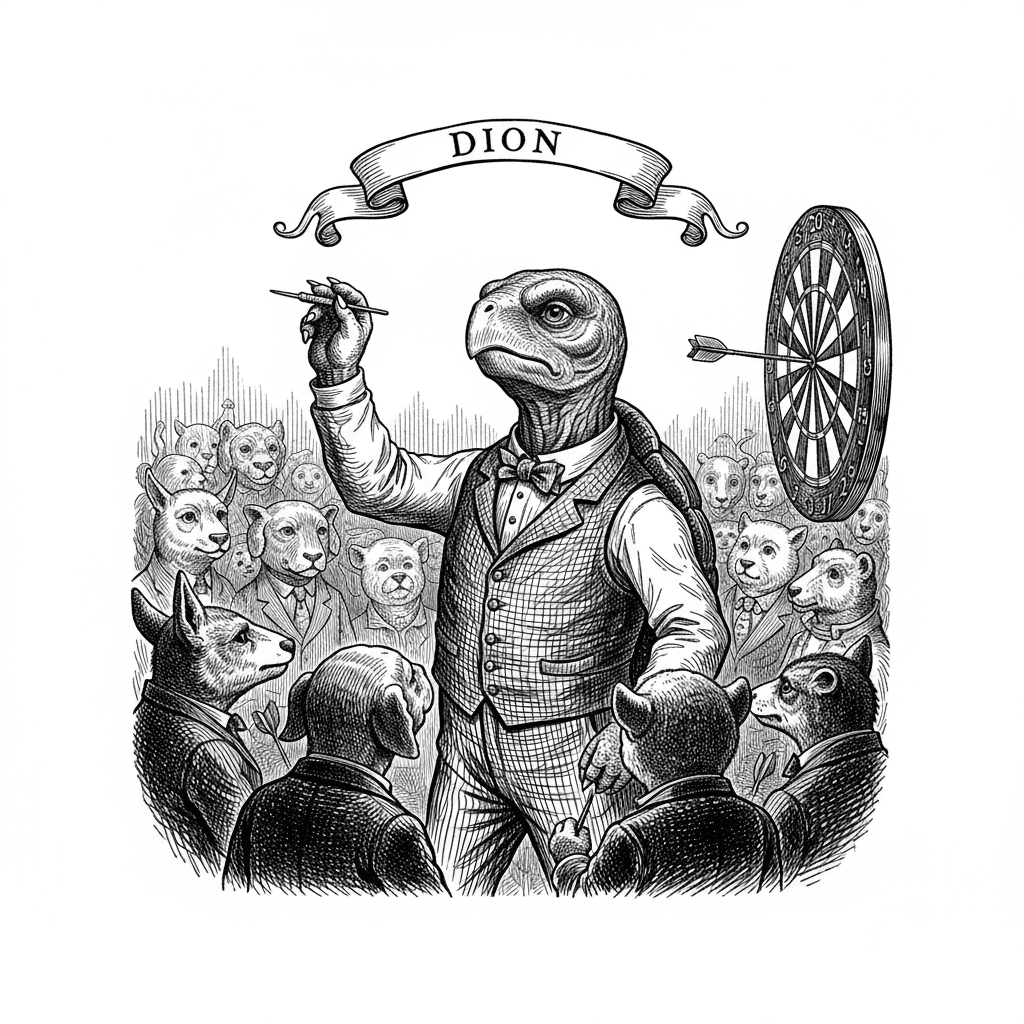 Make a turtle throwing darts at a tournament give him the name Dion