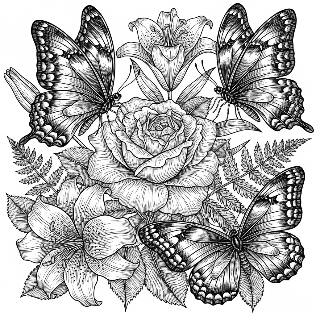 create a beautiful butterfly and flower scene butterflys shpuld be bigger