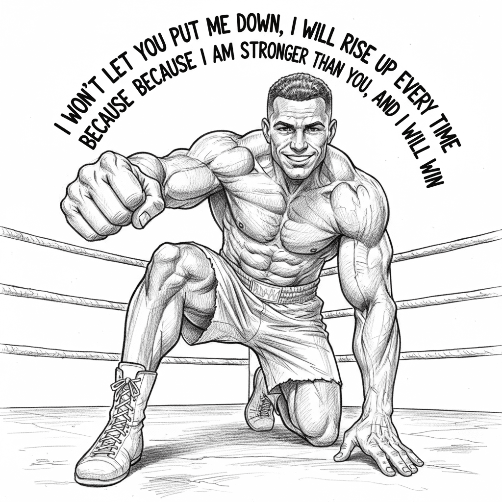 You have two options in Boxing, One is to stay on the canvas and accept defeat. The other is to get up and look at your opponent and say. " I won't let you put me down, i will rise up every time, because i am stronger than you, and i will win" A figure of a boxer smiling as he says these words.