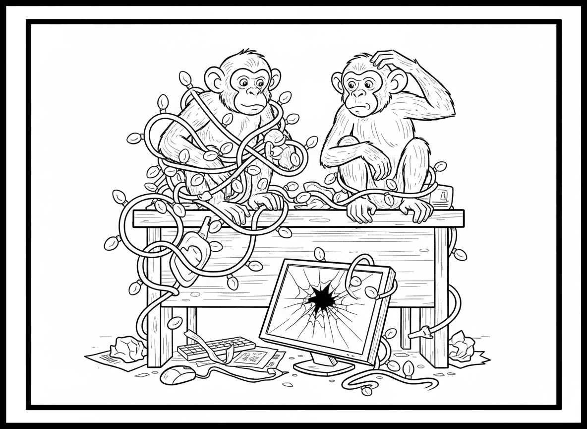 Maak een lijntekening van een aap die verstrikt zit in kerstlichtjes en een andere die er zit naar de kijken met een schuine kop en krapt aan zijn haar. Ze zitten van boven op een bureau naast een computer. De kerstlichtjes zijn ook rond het scherm gedraaid. Het scherm ligt kapot op de grond