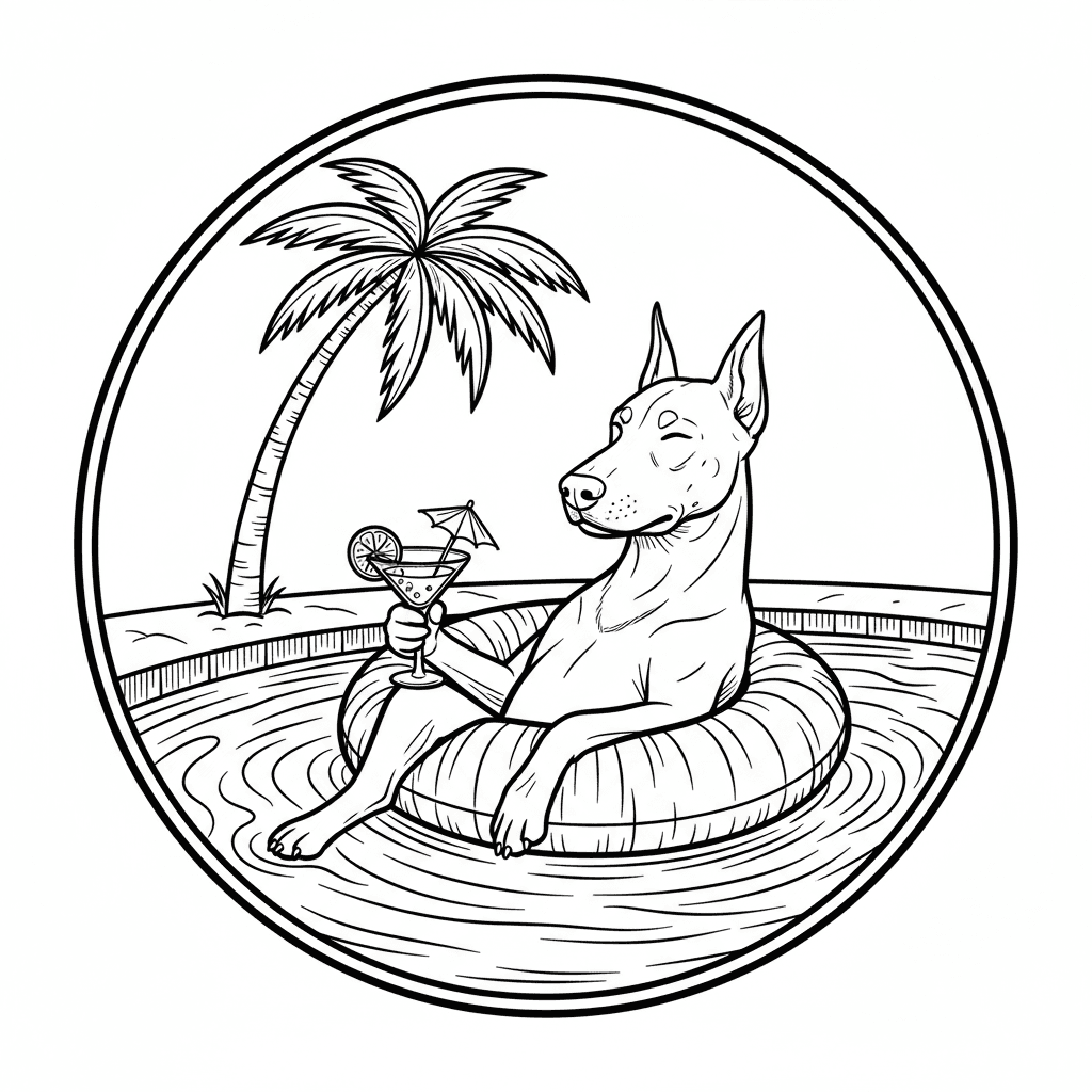 Maak een eenvoudige lijntekening om te graveren van: Een doberman die in een zwemband hangt en met ligt te dobberen in een zwembad. Hij heeft een cocktail in zijn poot. Naast het zwembad staat een palmboom.