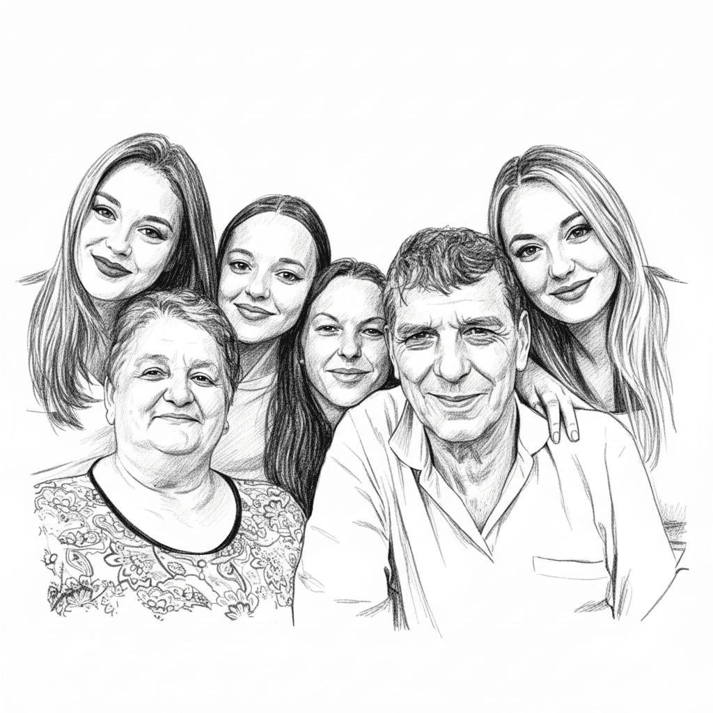 family portrait of 5 people, close-up composition, black and white engraving style, ultra detailed stippling (dot shading), fine ink line art, clean sharp contour lines, cross hatching + stippling combination, realistic faces preserved, accurate facial proportions, preserve identity, symmetrical faces, natural expressions, detailed eyes with highlights, soft skin rendered with fine dots, balanced lighting on all faces, high contrast black and white, smooth gradients using stippling, no background, isolated subjects, centered composition, professional engraving illustration, vintage print style, ultra sharp, 8k