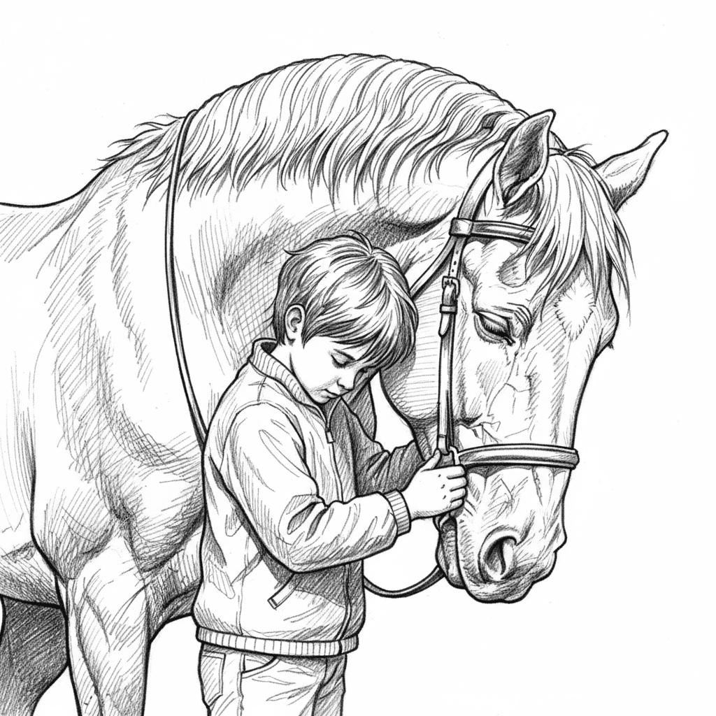 LITTLE BOY HUGGING HIS HORSE