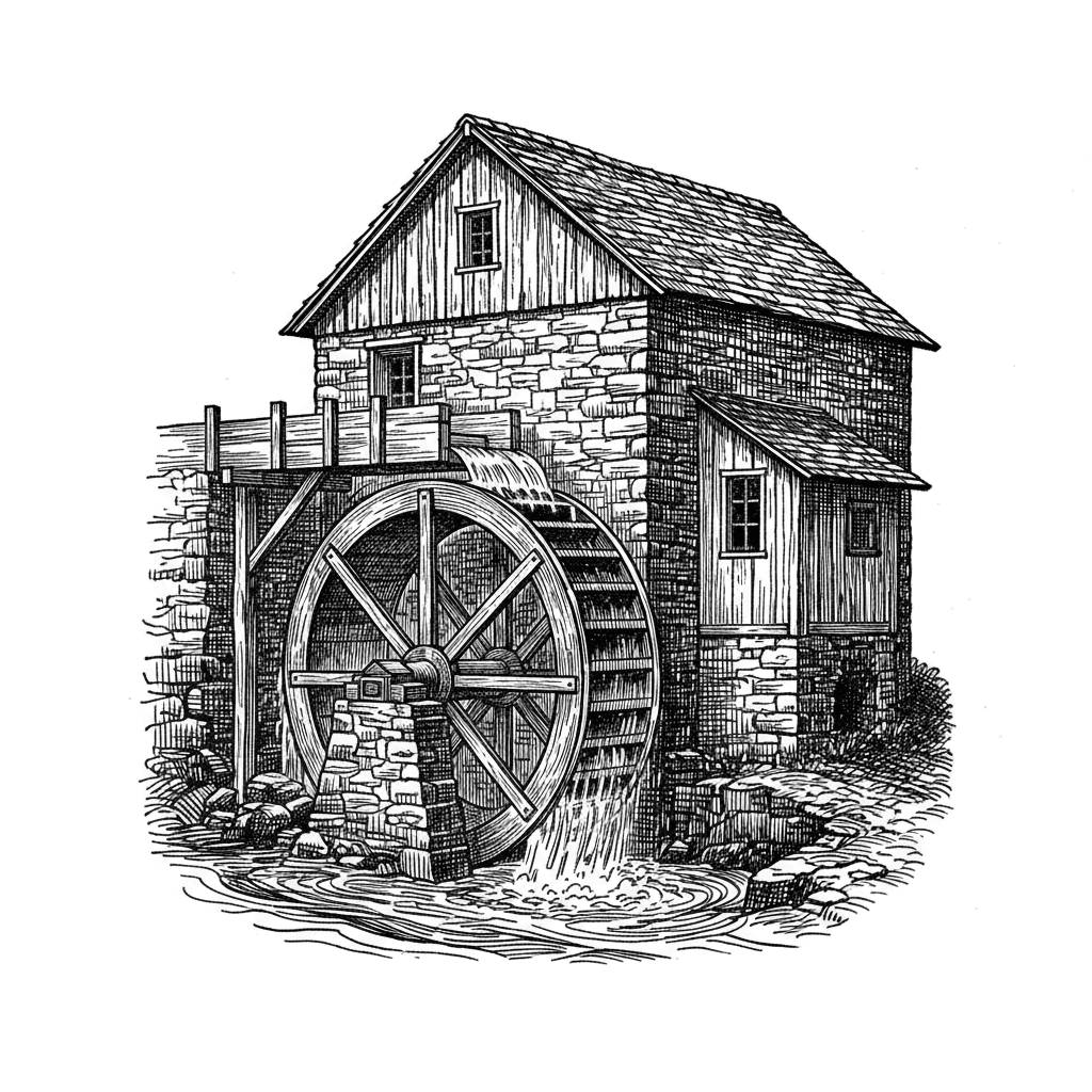 old grinding mill with a waterwheel on the side running water over the wheel