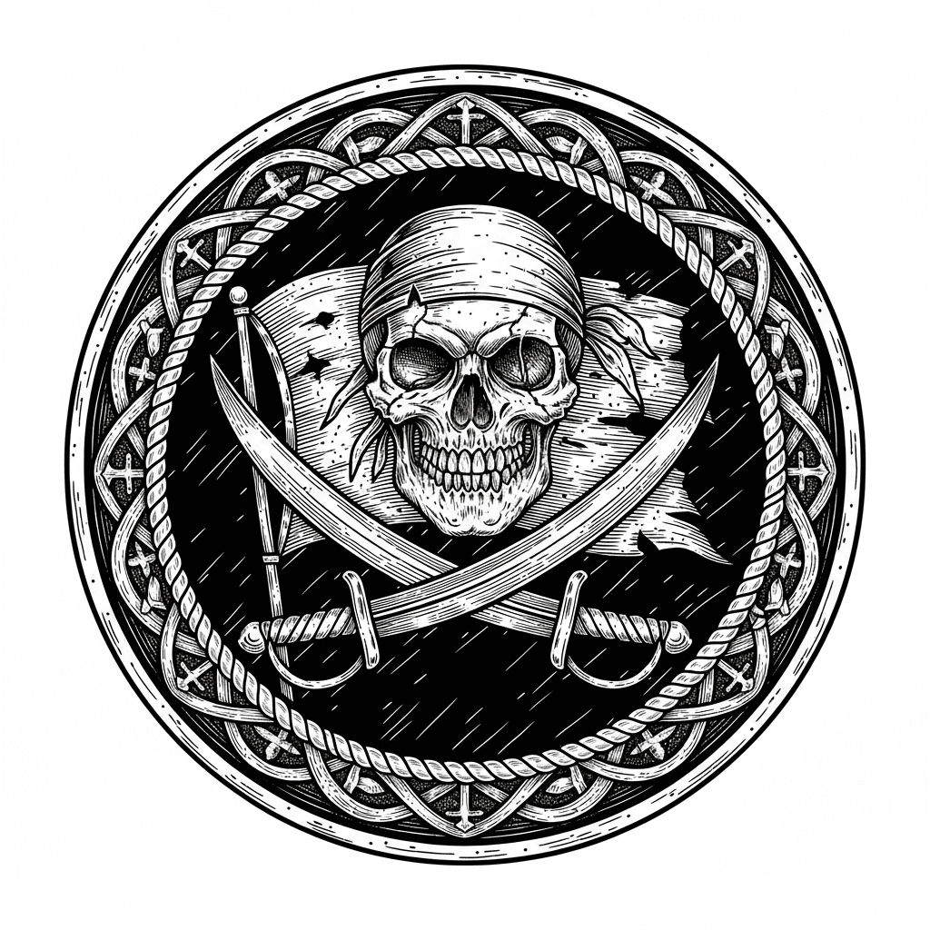 "Highly detailed 40mm pirate challenge coin design, antique brass style with deep relief engraving, obverse side features a fierce skull and crossed bones Jolly Roger emblem, traditional pirate flag style, ornate border with rope and anchor motifs, weathered metallic texture, high contrast for laser engraving, circular medallion composition, black background --ar 1:1 --stylize 250 --v 6" in a round image