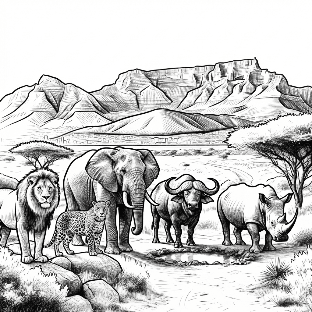 crisp black line art on a pure white background, optimized for high‑contrast depth and clean edge definition. The hatching and shading are balanced so each of the Big Five stands out clearly against Table Mountain, ensuring smooth engraving with no burn overlap or loss of detail.