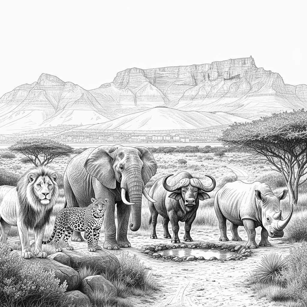 crisp black line art on a pure white background, optimized for high‑contrast depth and clean edge definition. The hatching and shading are balanced so each of the Big Five stands out clearly against Table Mountain, ensuring smooth engraving with no burn overlap or loss of detail.