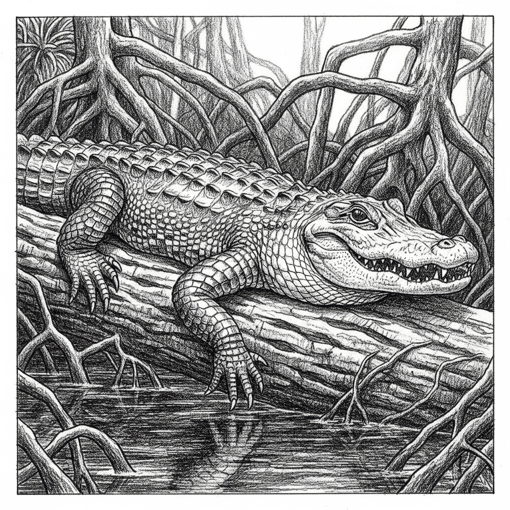 large alligator lying on log in the middle of the swap detailed