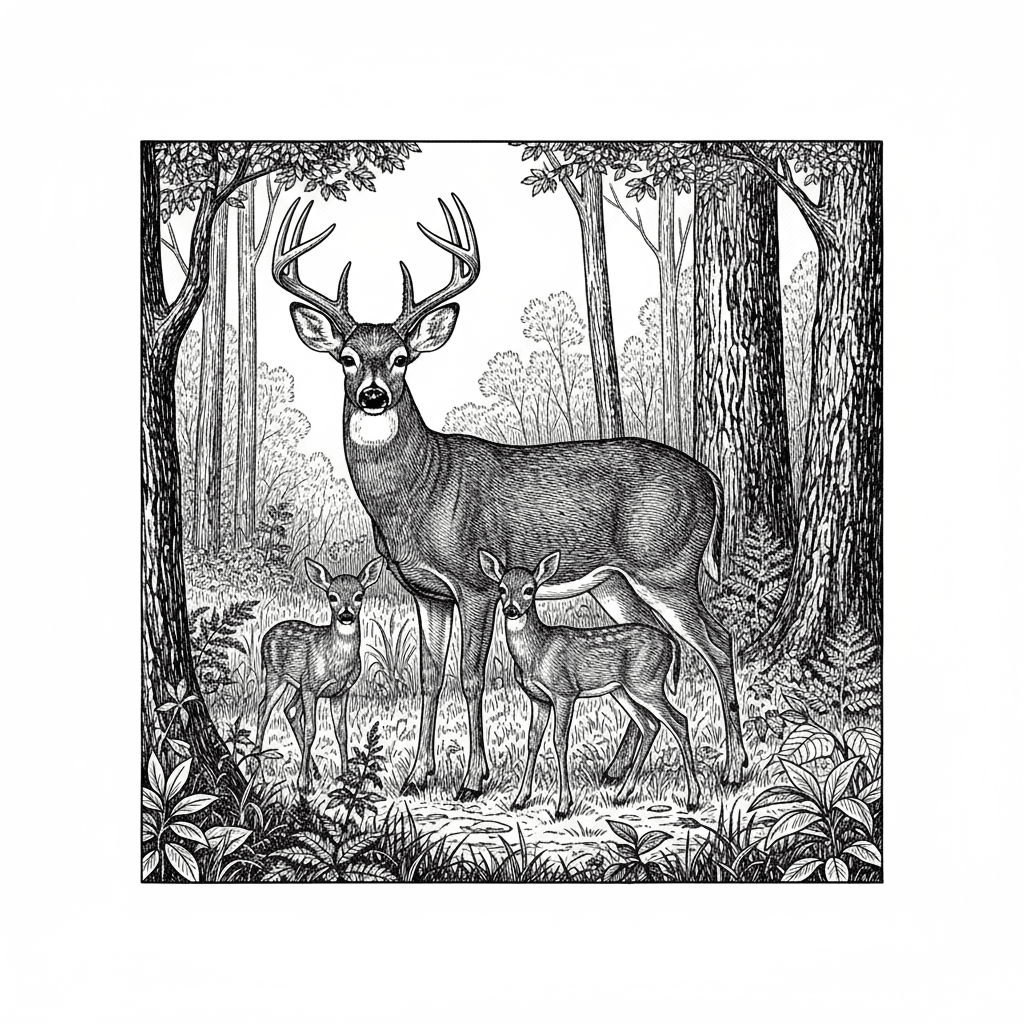 white tail deer family in the woods