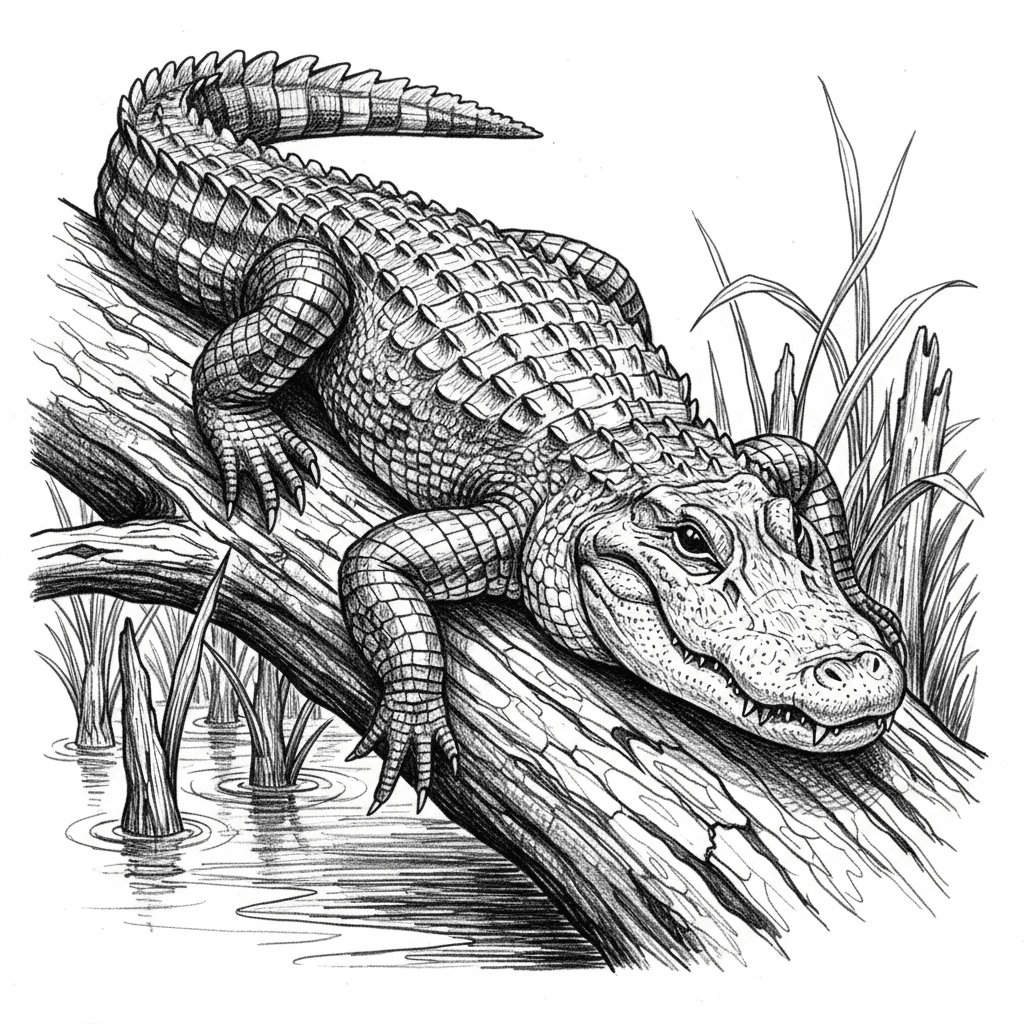 alligator lying on log in the swamp