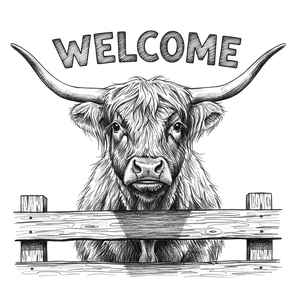 Make a welcome sign with an image of a highland cow looking over a fence
