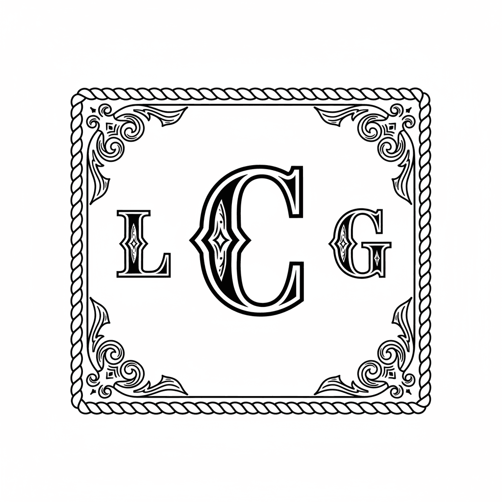 Black and white vector line art of a western-style monogram featuring the initials “L C G”, with the “C” as the dominant central focal point. The “C” should be significantly larger than the “L” and “G”, in a bold serif style with engraved western tooling details. Include masculine-style scrollwork with thicker curves, sharper turns, and pointed leaf tips, avoiding soft floral shapes. Add subtle interior engraving accents such as bevel lines and edge cuts to create a carved appearance, while maintaining strong negative space and avoiding dense shading or crosshatching.
The “L” on the left and “G” on the right should be slightly smaller, matching the serif style, with minimal engraving accents such as small bevel cuts or simple line details. They should support the composition without drawing focus away from the “C”.
Surround the monogram with a square border featuring a bold rope or braided outer edge and a clean single-line inner frame. In each corner, include medium-detail western scroll flourishes with a masculine style, using structured curves, sharper points, and subtle geometric elements such as small diamond cuts or notches. Keep the corner designs symmetrical and balanced without becoming overly intricate.
Use pure black vector lines on a white background. Maintain consistent line thickness suitable for laser engraving (minimum 0.3–0.5 mm). Ensure clear spacing between all lines and elements (at least 0.3 mm). Avoid micro-detail, tight curls, stippling, or overlapping lines. Keep the design clean, bold, and optimized for engraving at a 3–6 inch size on wood, with high contrast and crisp vector edges.
Style: western engraving, masculine leather tooling, bold serif monogram, geometric scrollwork, rope border, engraved lettering, clean vector, laser engraving ready, vintage western design Make the L and G only slightly smaller than the C