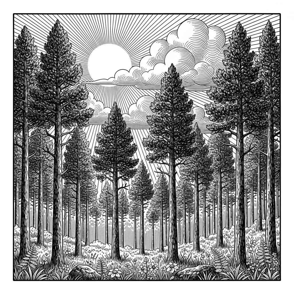 make me a pine tree scene in the spring time during the day, with the sun shining and clouds in the sky. make clear, crisp, dark, detailed lines for laser engraving