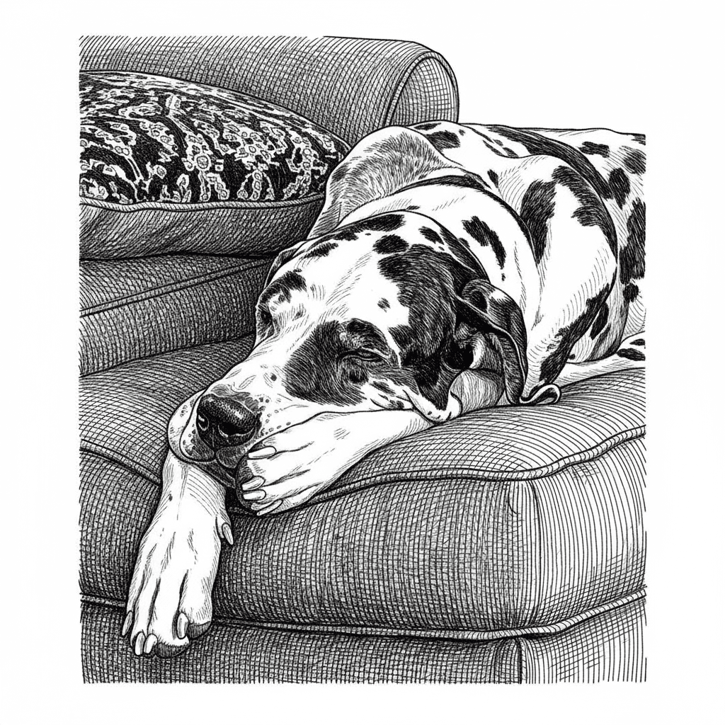 remove background, enhance photo with crisp detailed lines for engraving, only keep dog and couch in photo, make detailed lines on couch