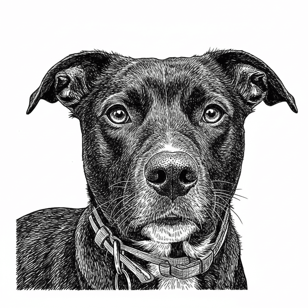 enhance photo, remove background and only keep dogs face, remove stuff animal around dogs neck, make clear crisp detailed dark lines for laser engraving