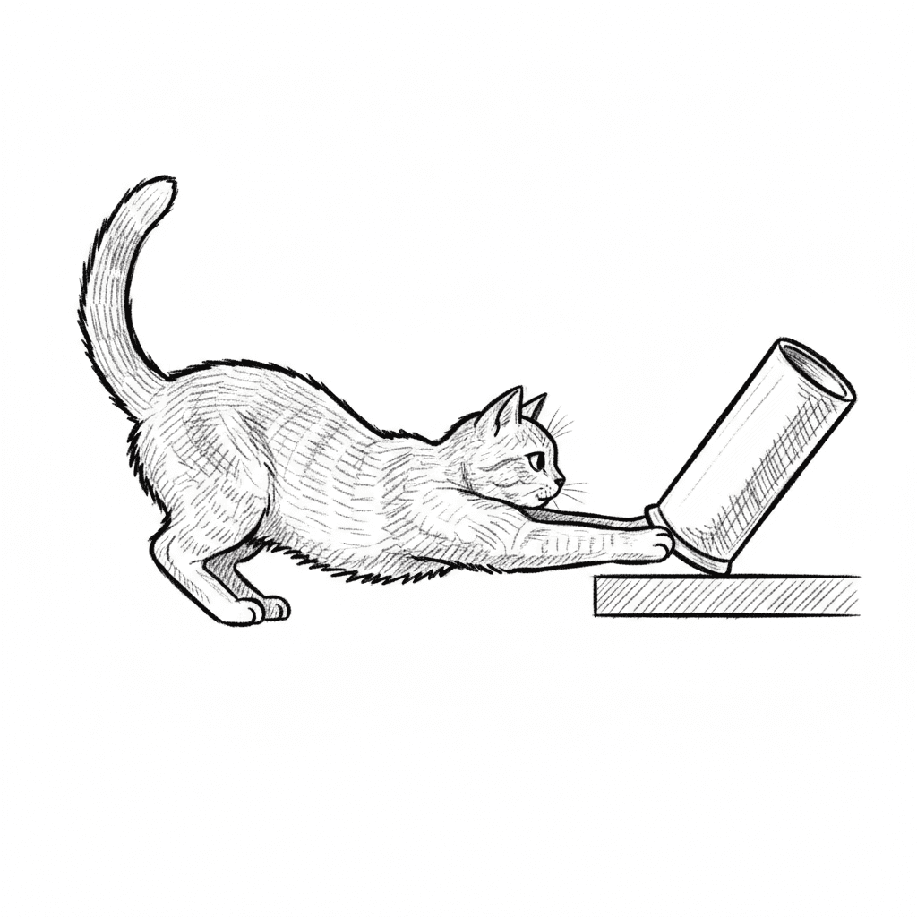 outline of the profile of a cat reaching to push a vase over