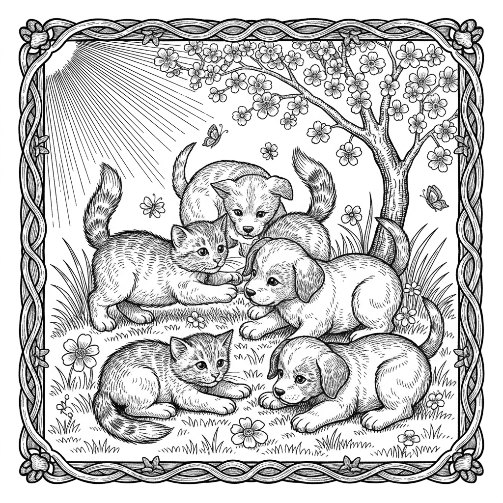 kittens and puppies playing outside